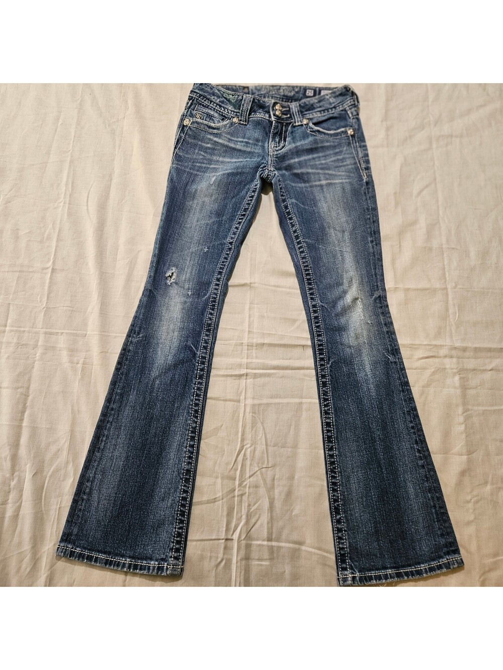 Miss Me Women's Bootcut Jeans Sz 25 Distressed Blue Denim Low Rise Distressed